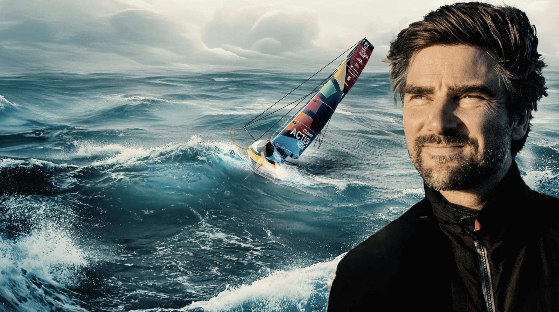 Boris Hermann in the front and in the background the sailing boat in wavy waters